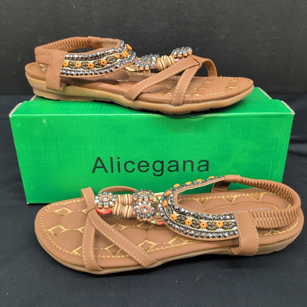 Alicegana Women's Beaded Sandals Size 38 Brown